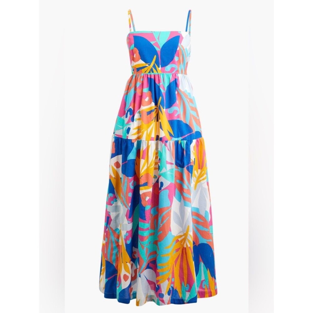 J. Crew Re-Imagined Tropical Maxi Dress Sundress Tiered Cotton Tie Back 8 Preppy